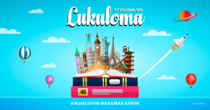 Lukuloma-juliste: teksti Syysloma on lukuloma. Kirajn siivin maailman ääriin.