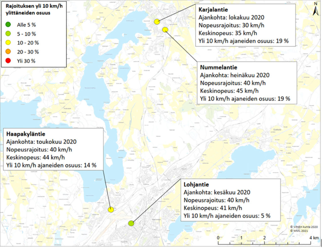 Nopeusnäyttötaulujen tuloksia Lohjantiellä, Nummelantiellä, Karjalantiellä ja Haapakyläntiellä