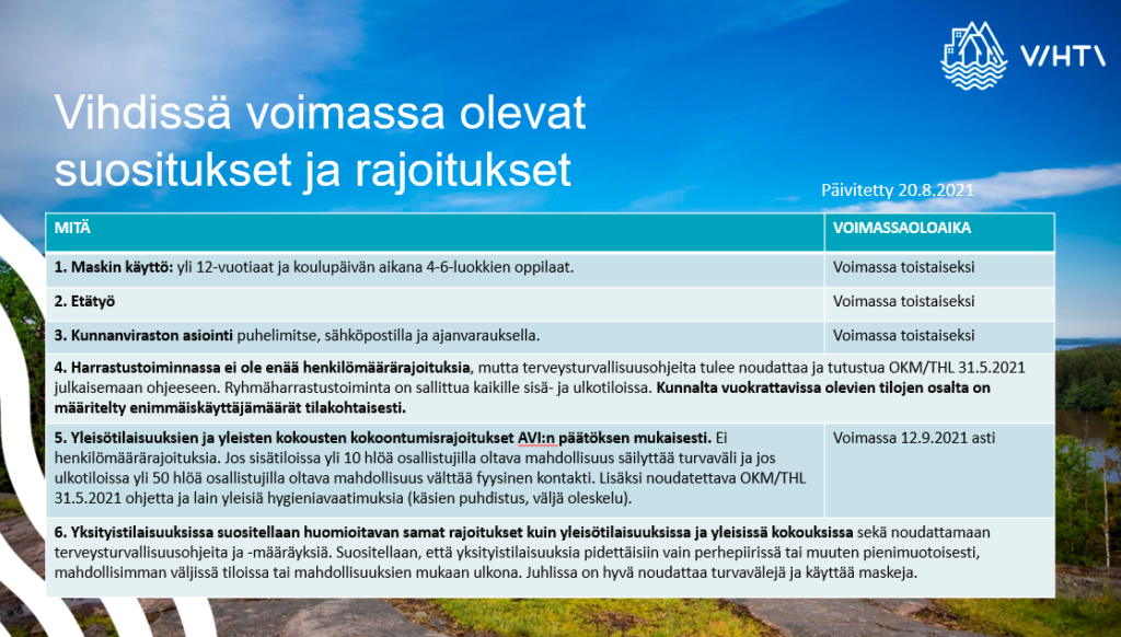 Voimassa olevat suositukset ja rajoitukset 20210821