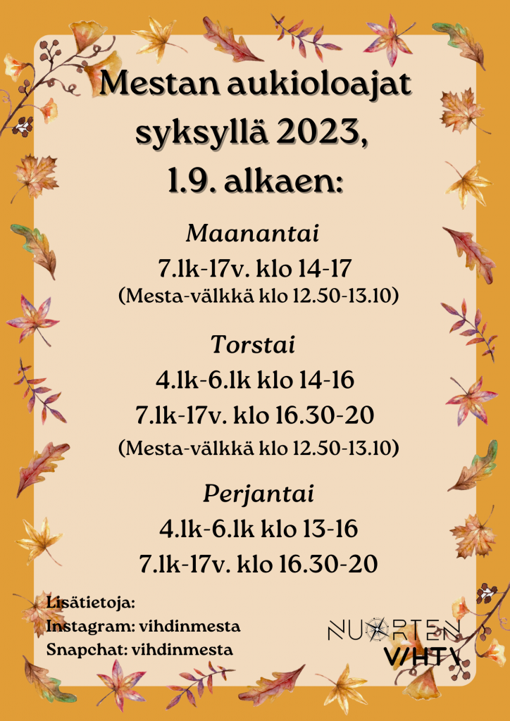 Kirkonkylän nuorisotila Mestan aukioloajat syksyllä 2023