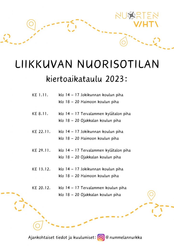 Kuvassa liikkuvan nuorisotilan kiertoaikataulu.