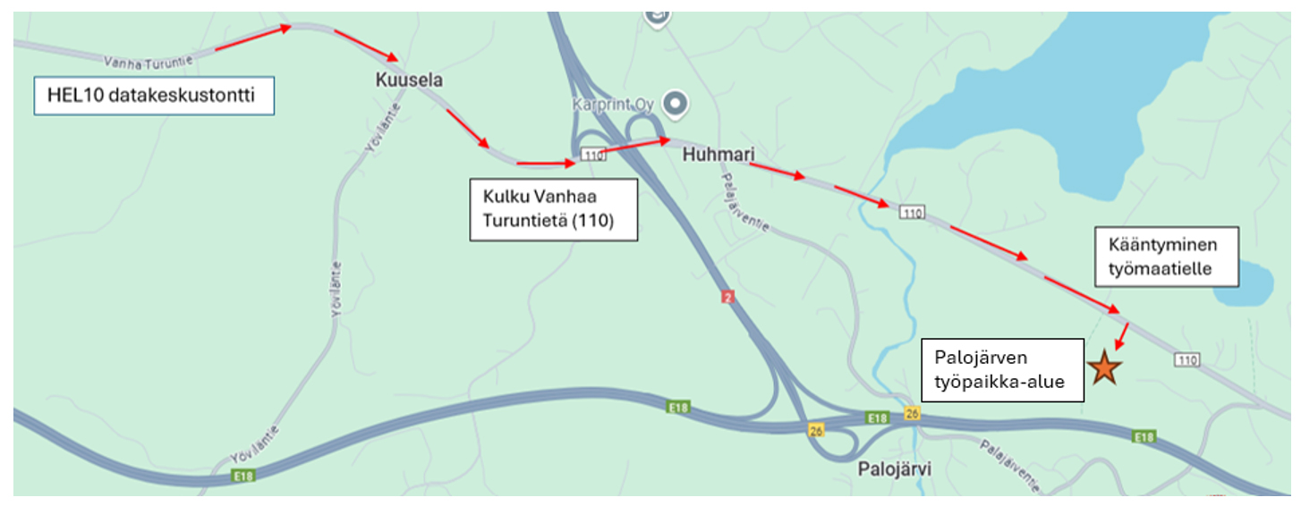 Kartta reitistä, jota pitkin Destia kuljettaa louhetta Palojärvelle