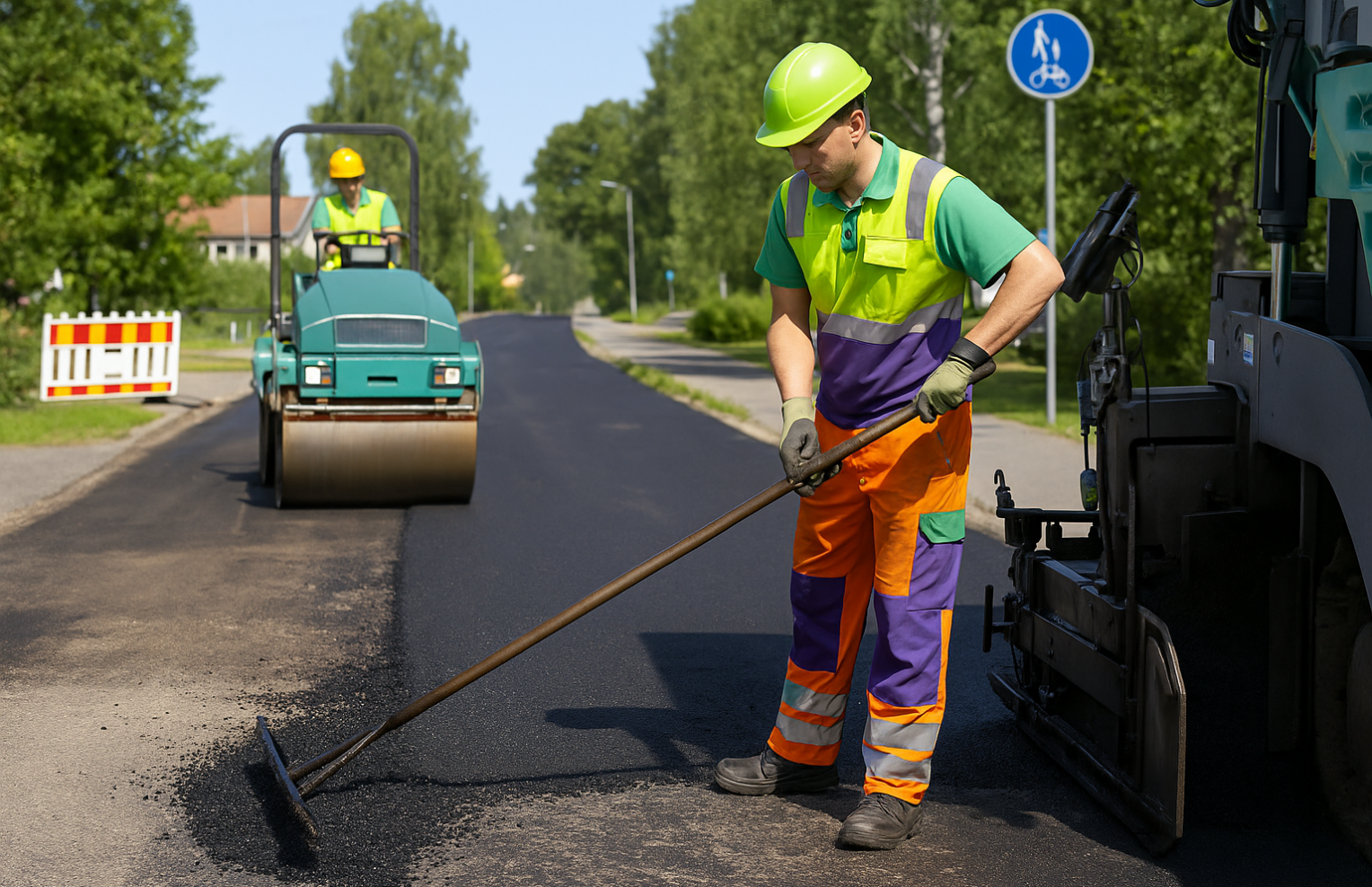 Asfalttityöntekijät kunnostavat tietä kesäisessä taajamaympäristössä, toinen käyttää jyrää ja toinen levittää uutta asfalttia käsityövälineellä. Työntekijöillä on kunnan brändiväreihin sopivat huomiovaatteet.