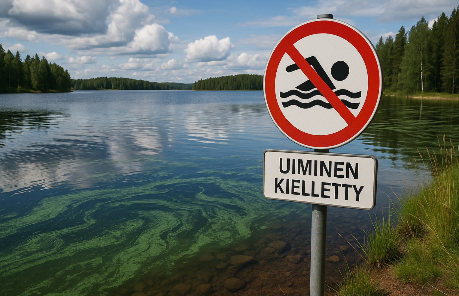 Suomalainen järvimaisema kirkkaana kesäpäivänä. Etualalla näkyy "Uiminen kielletty" -kyltti, ja veden pinnalla kelluu vihertävää sinilevää. Taustalla rauhallinen järvi, metsän reunustamat rannat ja sinitaivas pilvineen.