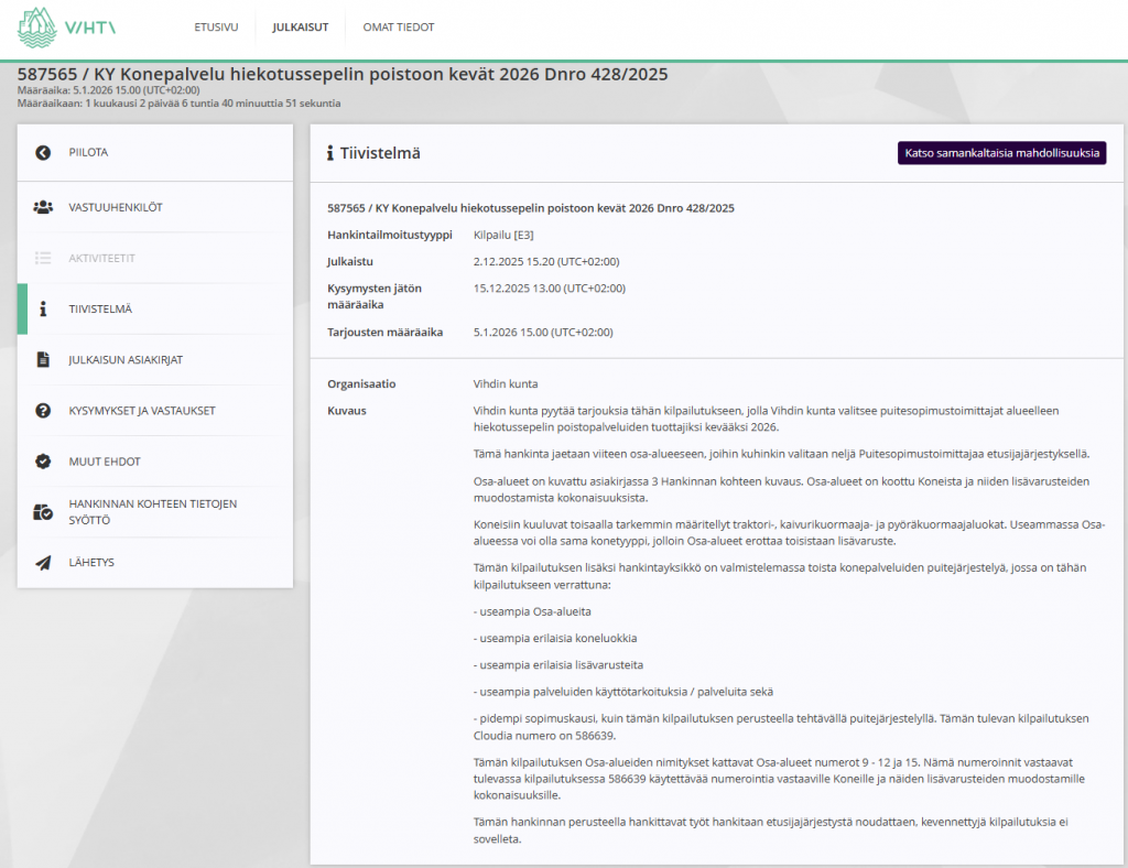 Tarjouspalvelu.fi:stä otettu näyttökuva kilpailutuksen kohteesta