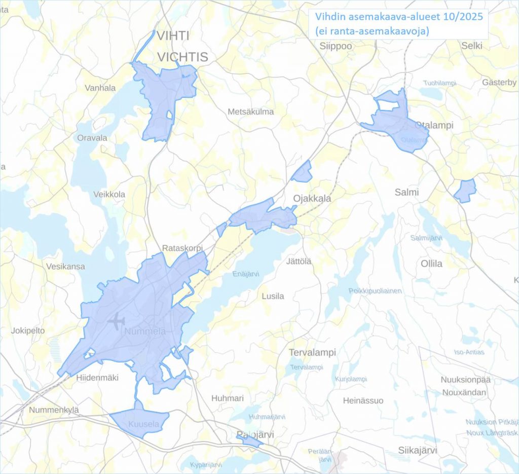 Hulevesimaksun piiriin kuuluvat asemakaava-alueet kartalla