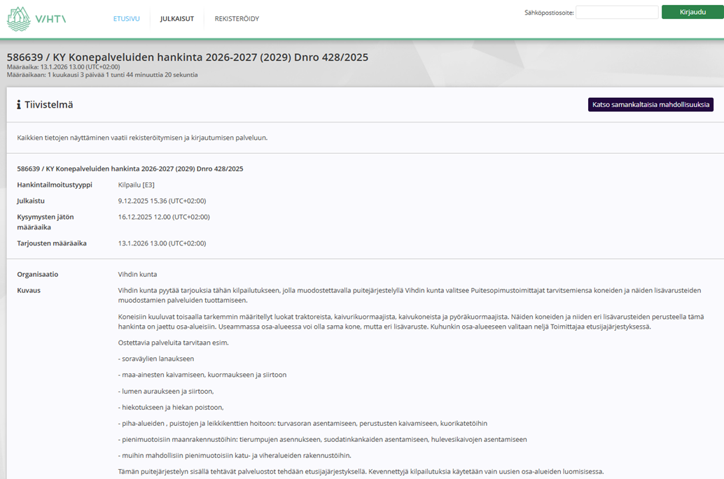 Kuvakaappaus konepalvelun hankinnasta