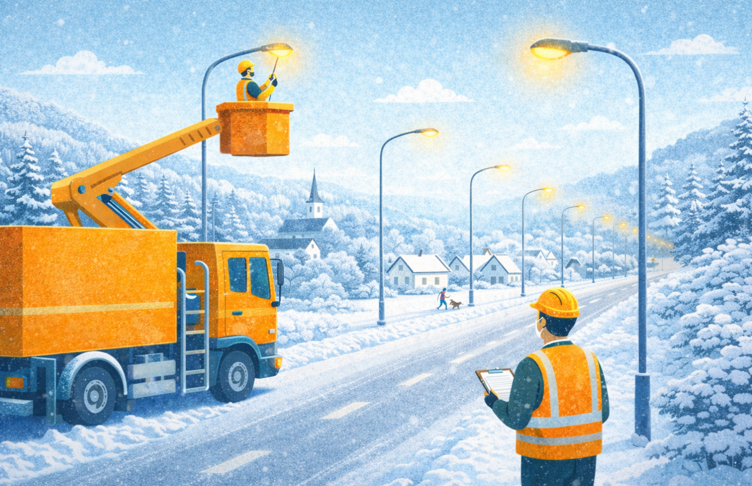 Talvinen kuvitus Vihdistä, jossa kunnan katuvalojen huoltokierros on käynnissä. Huoltoauto nostolavalla ja työntekijä vaihtaa katuvalaisinta lumisella kadulla. Taustalla näkyy pientaloja, järvimaisema ja katuvaloja, jotka ovat päällä myös päiväsaikaan osana huoltotöitä.