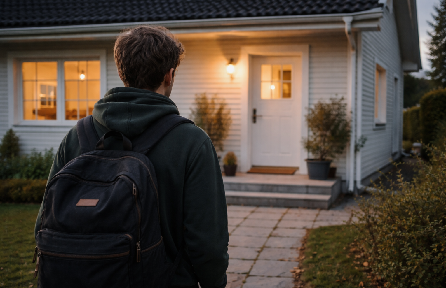 Takaapäin kuvattu nuori kävelee iltahämärässä omakotitalon pihalla kohti valaistua etuovea. Talon ikkunoista ja kuistilta hehkuu lämmin valo, joka luo kontrastin viilenevään iltaan ja korostaa kodin turvallista ja kutsuvaa tunnelmaa.