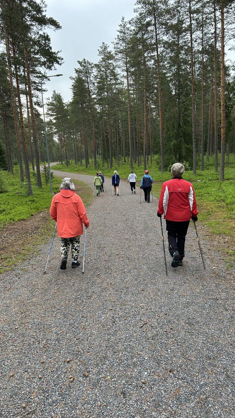 Ulkoilijoita sauvakävelemässä harjun ulkoilureitillä