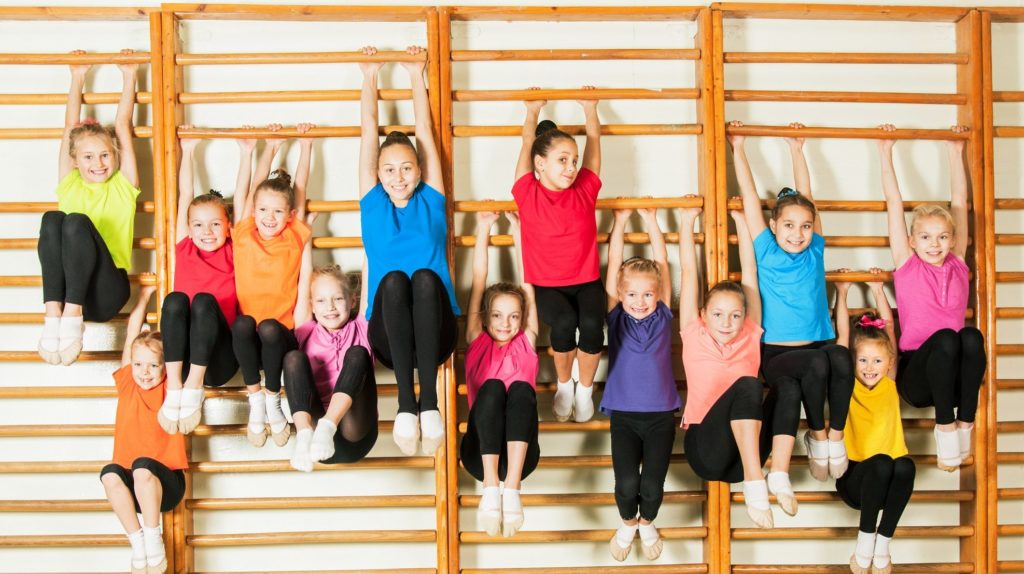 Happy sporty children in gym